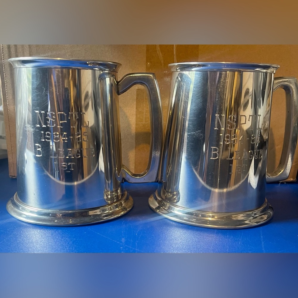 2 Vintage Leonard Silver Beer Mugs no. 952 Engraved- in boxes. Pewter Tankards